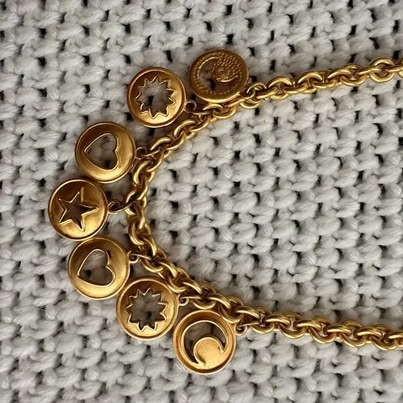 Anne Klein Vintage 80s Gold Tone Celestial Carved Medallion Charm Necklace RARE
